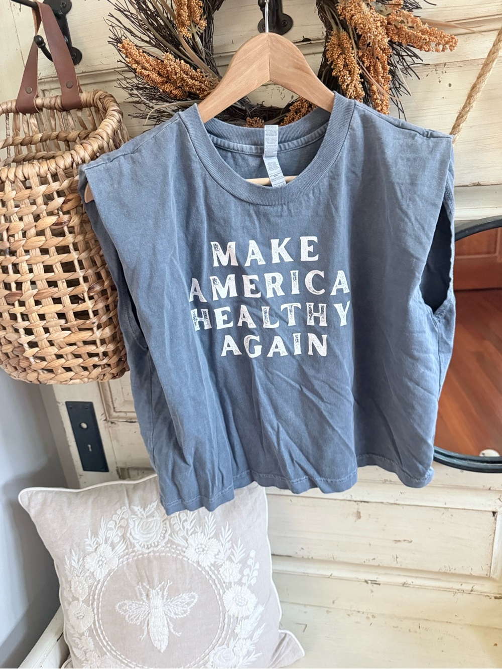American Apparel Blue Graphic Sleeveless Tank - 'Make America Healthy Again'